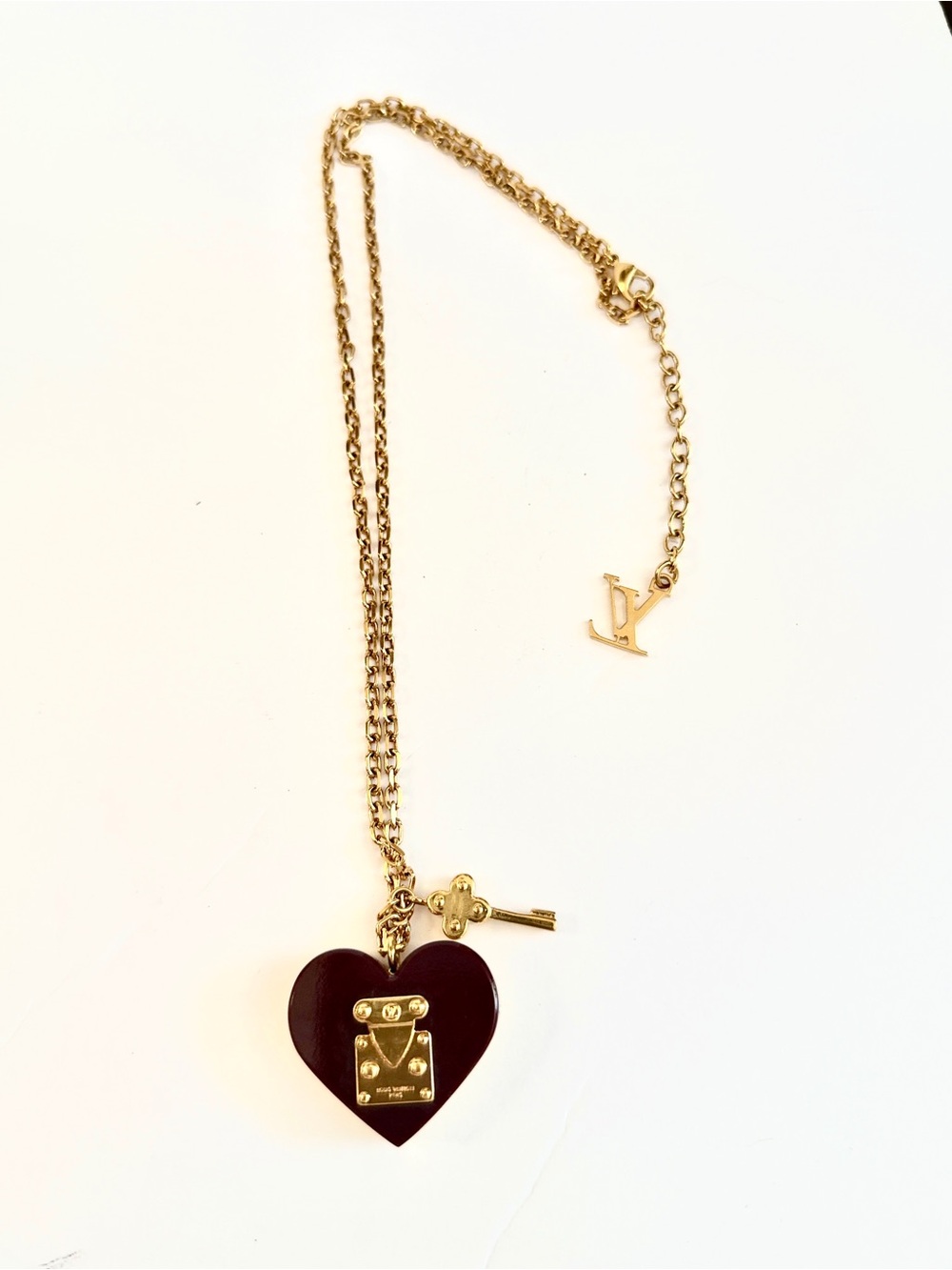 Louis Vuitton Gold Chain Necklace with Burgundy Heart Padlock - Picture 10 of 16